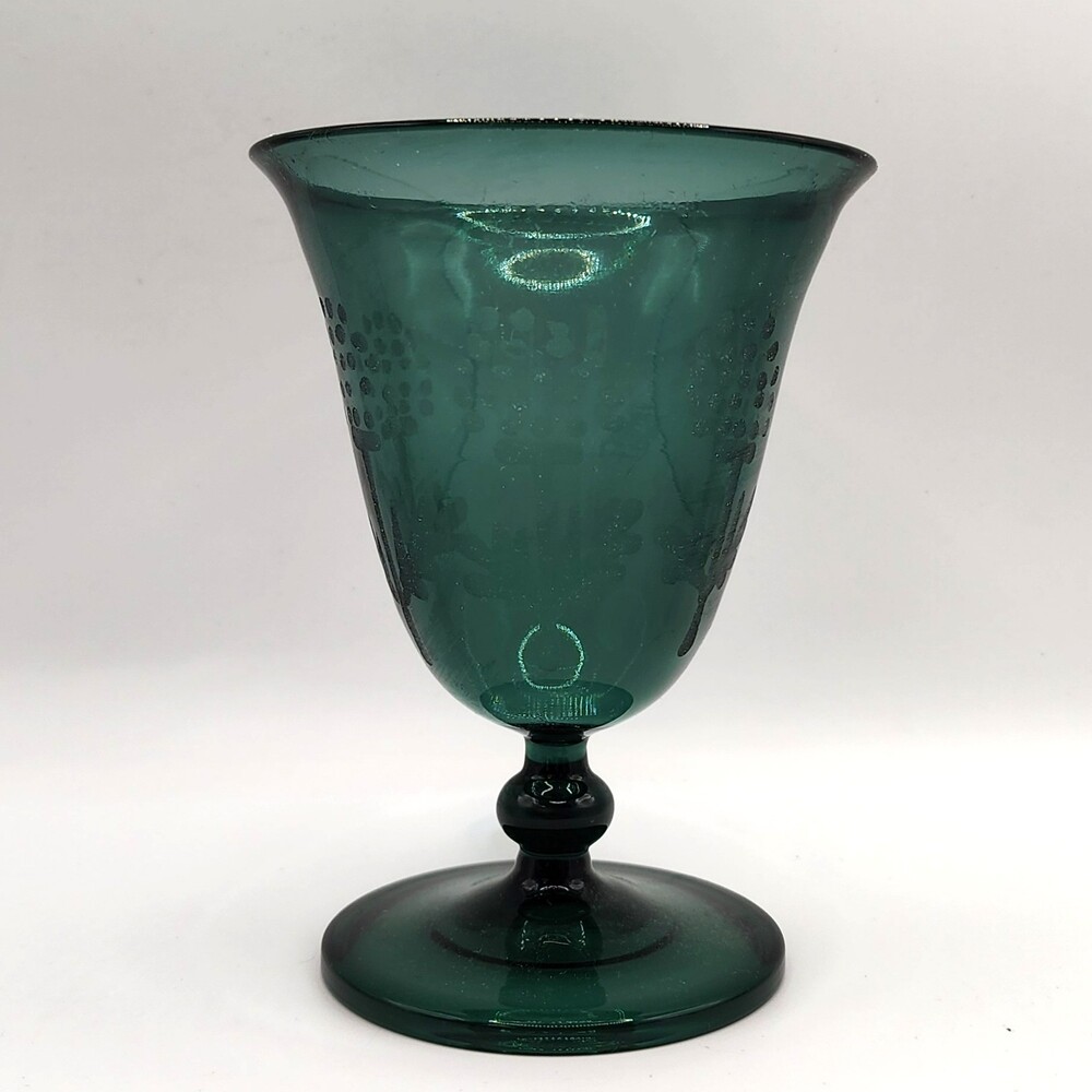 By Anthropologie Teal Green Glass Etched Botanical Trees Wine Goblet Chalice 6"